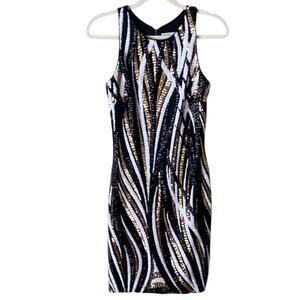 Ieena by Mac Duggal | Sleeveless Mini Sheath Dress Sequins Party Black Gold SZ 4